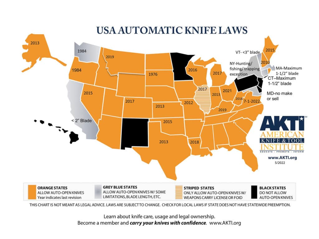USA map showing which states have restrictions related to automatic knives.